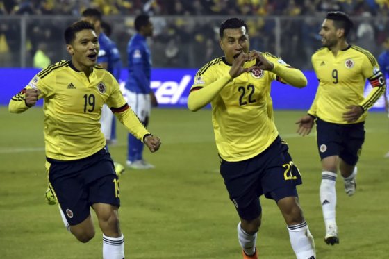 Jeison Murillo celebra el primer tanto de Colombia contra Brasil