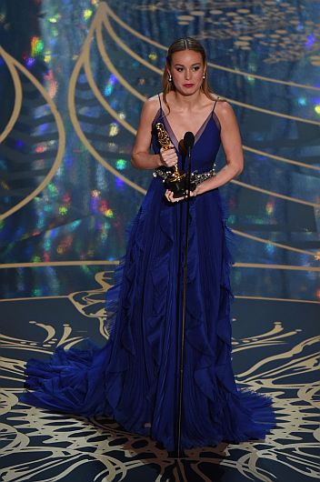 Actress Brie Larson accepts her award for Best Actress, Room on stage at the 88th Oscars on February 28, 2016 in Hollywood, California. AFP PHOTO / MARK RALSTON