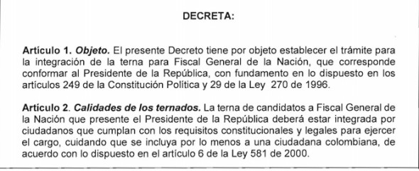 DECRETO-1 Convocatoria terna para Fiscal General de la Nación