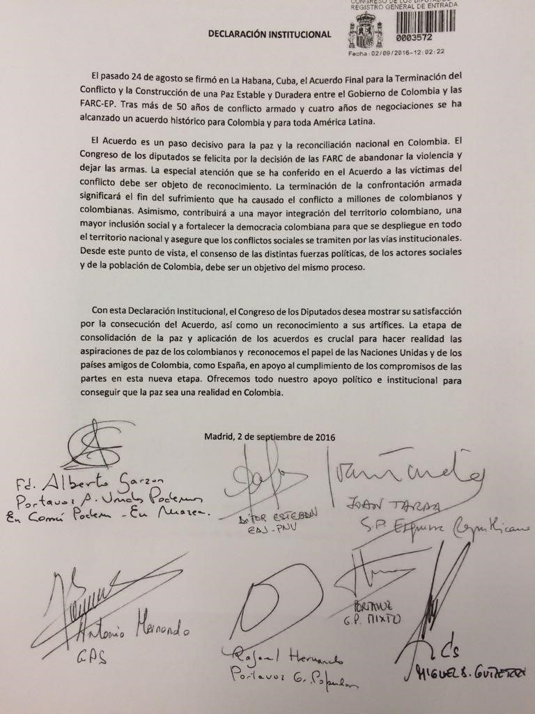Congreso de los Diputados de España firmó declaración de apoyo al acuerdo de paz en Colombia y lo calificó como un paso histórico y decisivo