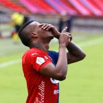 Larry Angulo del Independiente Medellín celebra después de anotar el primer gol de su equipo durante el partido entre Independiente Medellín  y Jaguares de Córdoba  por la fecha 14 de la Liga BetPlay DIMAYOR I 2020 Foto VizzorImage / Donaldo Zuluaga / Contrbuidor