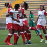 Ysaura Viso del Independiente Santa Fe  celebra después de anotar el primer gol de su equipo durante el partido entre La Equidad  y el Independiente Santa Fe   por la fecha 3 de la Liga Femenina BetPlay DIMAYOR I 2020 jugado en el estadio Metroplitano de Techo  de la ciudad de Bogotá.  Foto VizzorImage/ Felipe Caicedo / Staff