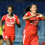Joemar Guarecuco del América celebra después de anotar el segundo gol de su equipo partido por la fecha 2 de la Liga Femenina BetPlay DIMAYOR 2020 entre América de Cali y Deportivo Cali jugado en el estadio Pascual Guerrero de la ciudad de Cali. Foto VizzorImage / Nelson Rios / Cont