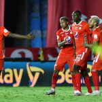 Jugadores del América celebran después de anotar el primer gol durante partido por la fecha 16 de la Liga BetPlay DIMAYOR 2020 entre América de Cali y Deportivo Pasto Foto VizzorImage / Nelson Rios / Cont /