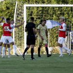 Kevin Osorio de Independiente Santa Fe celebra el gol anotado a Rionegro Águilas Doradas durante partido de la fecha 3 entre Rionegro Águilas Doradas y el Independiente Santa Fe por la Liga BetPlay DIMAYOR I 2021, jugado en el estadio Alberto Grisales de Rionegro Foto VizzorImage / Juan Cardona / Cont.