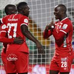 Diber Cambindo del América celebra después de anotar el primer gol de su equipo durante partido por la fecha 8 de la Liga BetPlay DIMAYOR I 2021 entre Atlético Nacional y América de Cali jugado en el estadio Atanasio Girardot de Medellín. Foto VizzorImage / Juan A Cardona / Cont