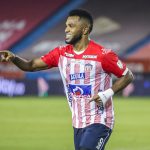 Miguel Borja del Junior celebra después de anotar el tercer gol de su equipo durante el partido por la fecha 13 de la Liga BetPlay DIMAYOR I 2021 entre Atlético Junior y Deportivo Pereira jugado en el estadio Metropolitano Roberto Meléndez de Barranquilla. Foto VizzorImage / Jairo Cassiani / Cont
