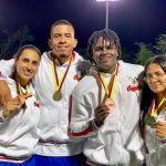 Deportistas de Caldas de derecha a izquierda, Brigidh Mayorga, Henry David Cañas, Sebastián Juanillo y Dayana Mendieta