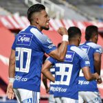 Fernando Uribe de Millonarios celebra después de anotar el primer gol de su equipo durante partido por los cuartos de final ida como parte de la Liga BetPlay DIMAYOR I 2021 entre América de Cali y Millonarios F.C. jugado en el estadio Pascual Guerrero de Cali. Foto : VizzorImage / Gabriel Aponte / Staff