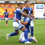 Fernando Uribe de Millonarios celebra después de anotar el gol de su equipo durante partido por la semifinal vuelta entre Millonarios y el Atlético Junior como parte de la Liga BetPlay DIMAYOR 2021 jugado en el estadio  Nemesio Camacho El Campin de la ciudad de Bogotá. Foto: VizzorImage / Felipe Caicedo / Staff