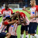 Dany Rosero de Atletico Junior corre a celebrar el gol anotado de su equipo a Once Caldas durante partido entre Atletico Junior y Once Caldas de la fecha 6 por la Liga BetPlay DIMAYOR II 2021 jugado en el estadio Metropolitano Roberto Melendez de la ciudad de Barranquilla.Foto: VizzorImage / Jairo Cassiani / Cont.