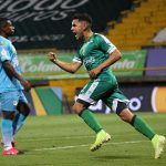 Kevin Salazar de La Equidad celebra después de anotar el  gol de su equipo durante partido por la fecha 8 entre La Equidad y Jaguares de Córdoba como parte de la Liga BetPlay DIMAYOR II 2021 jugado en el estadio Metropolitano de Techo de la ciudad de Bogotá. Foto: VizzorImage / Felipe Caicedo / Staff