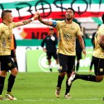 Christian Marrugo de Águilas Doradas celebra después de anotar el  gol de su equipo durante partido por la fecha 9 entre Once Caldas y Águilas Doradas como parte de la Liga BetPlay DIMAYOR II 2021 jugado en el estadio Palogrande de la ciudad de Manizales. Foto: VizzorImage / John Jairo Bonilla / Contribuidor