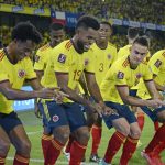 El delantero colombiano Miguel Ángel Borja celebra uno de sus dos goles en la victoria 3-1 de Colombia