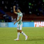 Andres Andrade de Atlético Nacional celebra el gol anotado de su equipo a Once Caldas durante partido entre Atlético Nacional y Once Caldas de la fecha 16 por la Liga BetPlay DIMAYOR II 2021, en el estadio Atanasio Girardot de la ciudad de Medellín. Foto VizzorImage / Juan A. Cardona / Cont.
