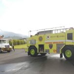Máquina de bomberos que sufrió una falla mecánica durante la prueba rutinaria en la cabecera de la pista, el aeropuerto La Nubia de Manizales