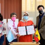 Secretaria de Habitat, Nadya Rangel; alcaldesa, Claudia López; directora ejecutiva del Programa de las Naciones Unidas para los Asentamientos Humanos ONU-Hábitat, Maimunah Mohd Sharif; y Elkin Velasquez, Dir. de ONU-Habitat para Latinoamérica y el Caribe.
