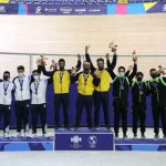 Carlos Echeverri, Cristian Ortega y Juan Arenas, en ciclismo pista velocidad por equipos masculino lograron el oro.