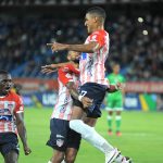 Gabriel Fuentes del Atlético Junior  celebra su gol contra La Equidad durante partido por la fecha 3 entre Atlético Junior  y La Equidad como parte de la Liga BetPlay DIMAYOR I 2022 jugado en el estadio Metroplitano Roberto Meléndez de Barranquilla. Foto: VizzorImage / Jesus Rico / Contribuidor