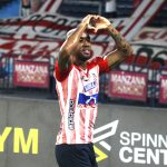 BARRANQUILLA  - Fredy Hinestroza del Atlético Junior  celebra su gol contra Águilas Doradas durante partido por la fecha 5 entre Atlético Junior  y Águilas Doradas como parte de la Liga BetPlay DIMAYOR I 2022 jugado en el estadio Metropolitano Roberto Meléndez de Barranquilla. Foto: VizzorImage / Jesús Rico / Contribuidor