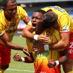 Brayan León Muniz del Deportivo Pereira celebra su gol contra Jaguares de Córdoba durante partido por la fecha 7 entre Deportivo Pereira y Jaguares de Córdoba como parte de la Liga BetPlay DIMAYOR I 2022 jugado en el estadio Hernán Ramírez de Pereira. Foto: VizzorImage / Pablo Bohórquez/ Contribuidor
