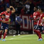 Jugadores del DIM celebran gol de Andrés Cadavid en el triunfo sobre América en la CONMEBOL Sudamericana Foto cortesía CONMEBOL Sudamericana