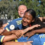 Jugadoras de la Selección Colombia Sub 17 celebran dol en la clasificación a India 2022.Foto FCF