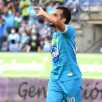 Juan Castellanos de Jaguares de Córdoba celebra su gol contra el Once Caldas durante partido por la fecha 15 entre Jaguares de Córdoba y Once Caldas como parte de la Liga BetPlay DIMAYOR I 2022 jugado en el estadio Jaraguay de Montería.Foto: VizzorImage / Andrés Felipe López / Contribuidor