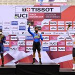 Pódium en el kilómetro contrarreloj Melvin Landerneau, Cristian Ortega y Alejandro Martínez