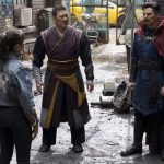 Xochitl Gomez as America Chavez, Benedict Wong as Wong, and Benedict Cumberbatch as Doctor Strange/Stephen Strange in Marvel Studios' DOCTOR STRANGE IN THE MULTIVERSE OF MADNESS. Photo by Jay Maidment. ©Marvel Studios 2022. All Rights Reserved.