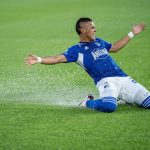 Jugador de Millonarios celebra gol  en el empate  2-2 con Águilas Doradas por la fecha 9 de la Liga. Foto Millonarios