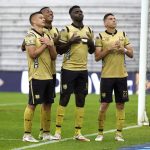 Marco Pérez festeja con sus compañeros el segundo gol de Águilas Doradas en el triunfo 2-1 sobre el Deportivo Pereira.Foto Dimayor