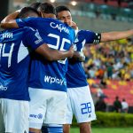 Jugadores de Millonarios celebran Gol del triunfo 0-2 ante Atletico Bucaramanda.Foto Millonarios Oficial