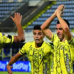 Los jugadores de Alianza Petrolera festejan el primer gol ante Jaguares. Foto Dimayor