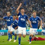 Jugadores de Millonarios celebran triunfo 4-3 ante América de Cali.Foto Dimayor