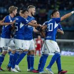 Fernando Uribe celebra primer gol del triunfo 2-1 de Millonarios sobre América.Foto Millonarios FC
