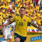 James Rodriguez celebra su gol en el empate de Colombia 2-2 con Uruguay por la tercera fecha de las eliminatorias suramericanas de la FIFA 2026