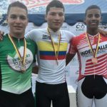 Juan Diego Orlas (Oro), Duván Urrego (Plata) y Kevin Quintero (Bronce) en Velocidad Juvenil (Fedeciclismo)