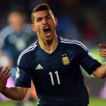 Argentina's forward Sergio Aguero celebrates after scoring against Uruguay during their 2015 Copa America football championship match, in La Serena, Chile, on June 16, 2015.   AFP PHOTO / MARTIN BERNETTI