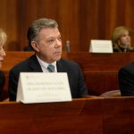 El Presidente Santos y la Presidenta del Consejo Superior de la Judicatura, Martha Lucía Olano de Noguera, durante la entrega de las certificaciones de calidad del Icontec a la Rama Judicial.