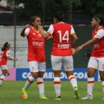 Las jugadoras de Independiente Santa Fe celebran un gol en la Copa Libertadores Femenina. Copa Libertadores Femenina