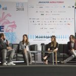 De izquierda a derecha: el periodista Santiago Rivas, la agregada comercial de la embajada argentina en Colombia, Bibiana Brest, la agregada cultural de la embajada argentina en Colombia, Jessica Díaz, y el director de contenidos culturales de la Cámara Colombiana del Libro, Giuseppe Caputo, durante la rueda de prensa de la FILBo 2018. Foto: Corferias.